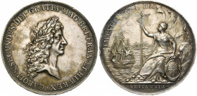 GRANDE-BRETAGNE, AR médaille, s.d. (1667), J. Roettiers. Paix de Breda. D/ T. l. de Charles II à d. R/ FAVENTE DEO Britannia assise à g. sur un rivage...
