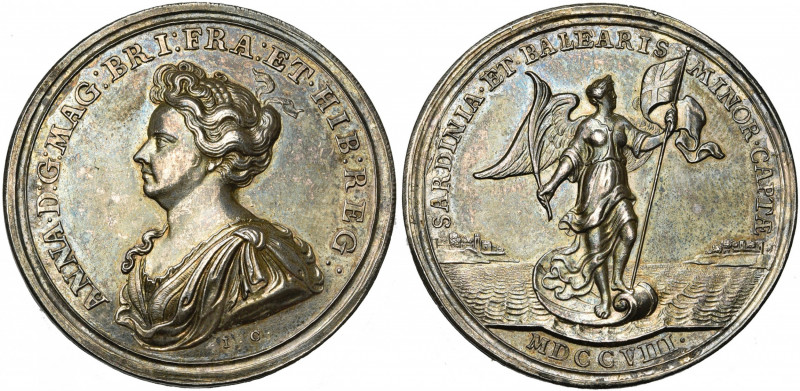 GRANDE-BRETAGNE, AR médaille, 1708, Croker. Prise de la Sardaigne et de Minorque...