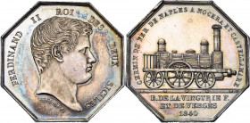 ITALIE, AR médaille, 1840, Benoist. Chemin de fer de Naples à Nocera et Castellamare. D/ T. de Ferdinand II de Bourbon à d. R/ Locomotive à vapeur tou...