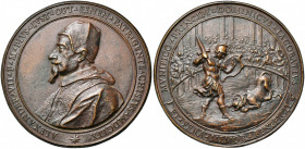 ITALIE, ETATS PONTIFICAUX, AE médaille, 1659, Travani. Alexandre VII - La ville de Rome délivrée de la peste. D/ B. du Pape à g. R/ MVNIFICO PRINCIPI ...