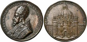 ITALIE, ETATS PONTIFICAUX, AE médaille, 1662, Travani. Alexandre VII - Reconstruction de l''église Santa Maria in Campitelli. D/ B. à g., coiffé de la...