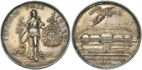 PAYS-BAS SEPTENTRIONAUX, AR médaille, 1697, R. Arondeaux. Paix de Rijswijk. D/ La Paix deb. de f., ten. un rameau et les écus des puissances signatair...
