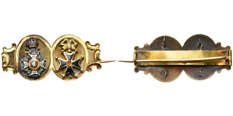BELGIQUE, broche en or sur épingle (33,5 x 16 mm), avec deux médaillons reprenan...