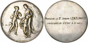 BELGIQUE, médaille de la Belgique reconnaissante, AE argenté, 80 mm. Attribuée au revers à "Monsieur le Dr. Joseph LENZLINGER/ Procureur d’Etat à St. ...