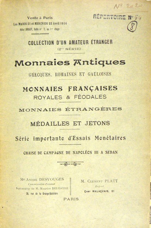 Scarce 1914 Platt Sale

Platt, Clément. COLLECTION D’UN AMATEUR ÉTRANGER. (2me...