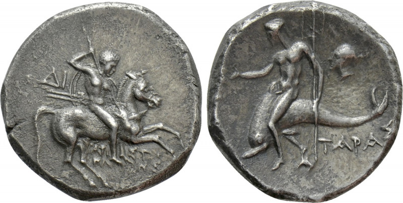 CALABRIA. Tarentum. Nomos (Circa 272-235 BC). 

Obv: Warrior, holding shield a...