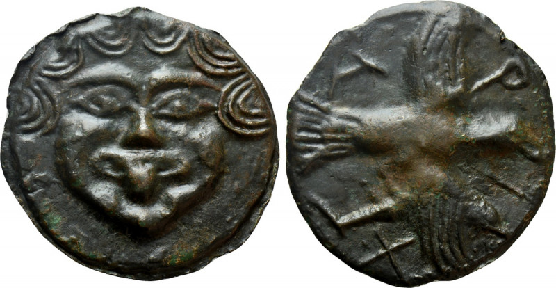 SKYTHIA. Olbia. Cast Ae (Circa 450-425 BC). 

Obv: Facing Gorgoneion.
Rev: A ...