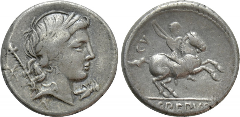 P. CREPUSIUS. Denarius (82 BC). Rome. 

Obv: Laureate head of Apollo right; be...