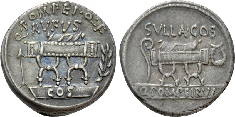 Q. POMPEIUS RUFUS. Denarius (54 BC). Rome. 

Obv: Q POMPEI Q F RVFVS / COS. 
...