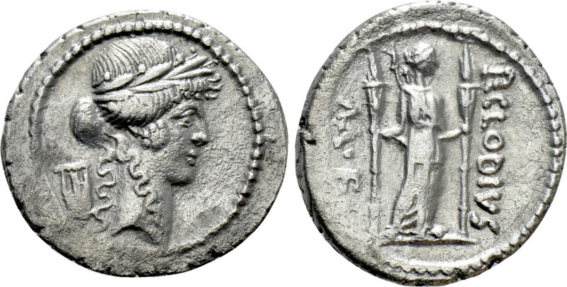 P. CLODIUS M.F. TURRINUS. Denarius (42 BC). Rome. 

Obv: Laureate head of Apol...