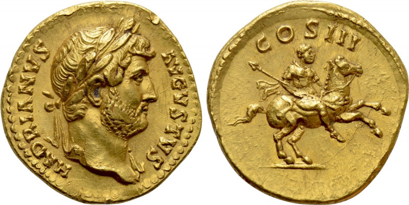 HADRIAN (117-138). GOLD Aureus. Rome. 

Obv: HADRIANVS AVGVSTVS. 
Laureate bu...