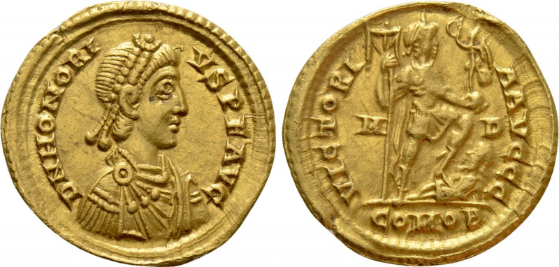 HONORIUS (393-423). GOLD Solidus. Mediolanum.

Obv: D N HONORIVS P F AVG.
Dia...