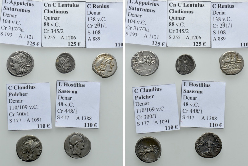 5 Roman Republican Coins. 

Obv: .
Rev: .

. 

Condition: See picture.
...