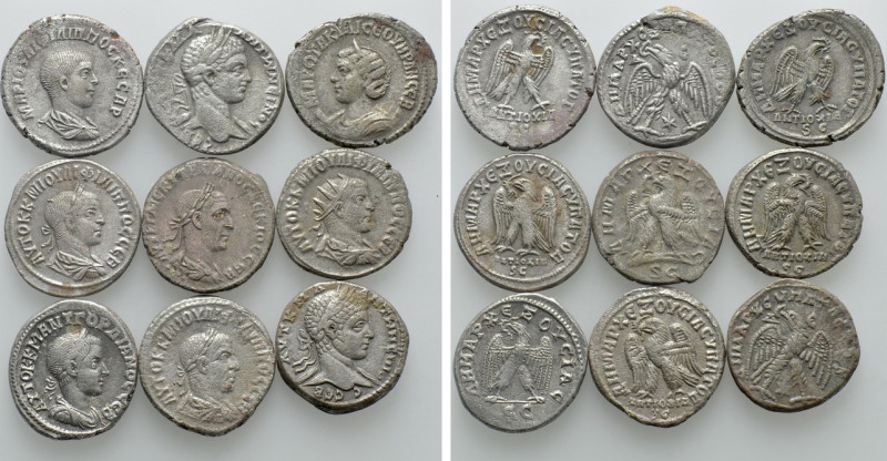 9 Roman Provincial Tetradrachms. 

Obv: .
Rev: .

. 

Condition: See pict...