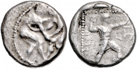 Griechen - Pamphylien - Aspendos Stater 420-370 v. Chr. Zwei nackte Ringer im Perlkreis / Schleuderer im Perlquadrant nach rechts Sear 5390. 
dezentr...