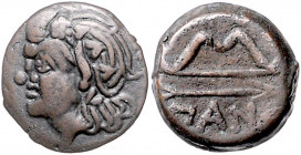 Griechen - Thrakien - Pantikapaion Bronze AE3 (20mm) 340-330 v. Chr. Kopfbild des jungen Hirtengottes Pan nach links / Pfeil und Bogen, Schrift: PAN S...