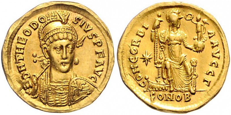 Rom - Kaiserzeit Theodosius II. 402-450 Solidus Konstantinopel D N THEODOSIVS P ...