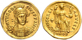 Rom - Kaiserzeit Theodosius II. 402-450 Solidus Konstantinopel D N THEODOSIVS P F AVG Geharnischte Büste von vorn / CONCORDIA AVGG G(amma), Constantin...