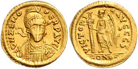 Rom - Kaiserzeit Zeno 474-491 Solidus Konstantinopel D N ZENO PERP AVG Geharnischte Büste von vorn / VICTORIA AVGGG S, stehende Victoria nach links ge...