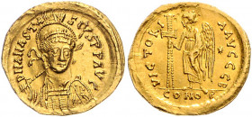 Byzanz Anastasius 491-518 Solidus Konstantinopel (498) D N ANASTASIVS P P AVG Geharnischte Büste von vorn / VICTORIA AVGGG B Stehende Victoria nach li...