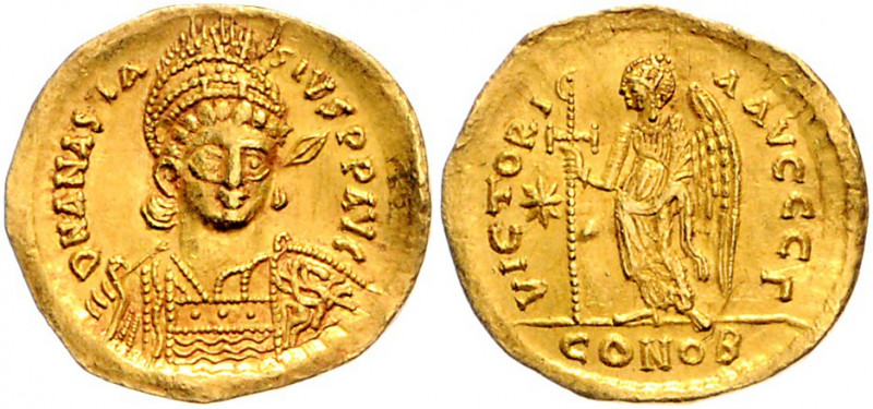 Byzanz Anastasius 491-518 Solidus Konstantinopel D N ANASTASIVS P P AVG Geharnis...