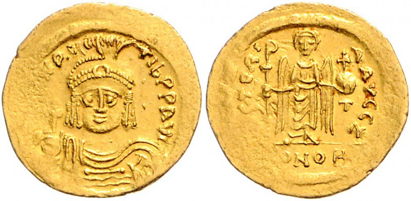 Byzanz Mauricius Tiberius 582-602 Solidus Konstantinopel (583-601) ON mAVRC TIb ...