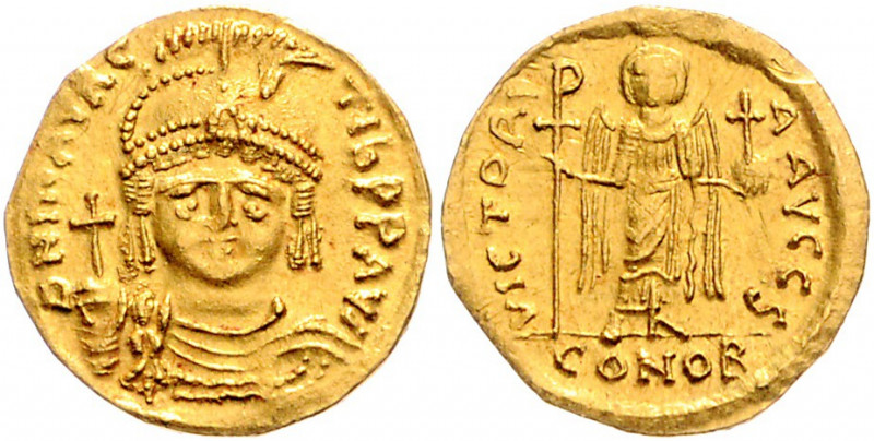 Byzanz Mauricius Tiberius 582-602 Solidus Konstantinopel (583-601) DN MAVRC TIb ...