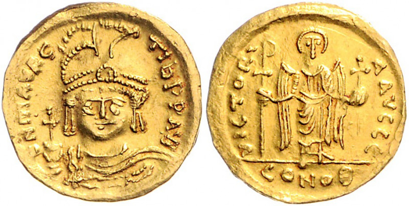 Byzanz Mauricius Tiberius 582-602 Solidus Antiochia (582-602) ON mAVRC TIb PP AV...