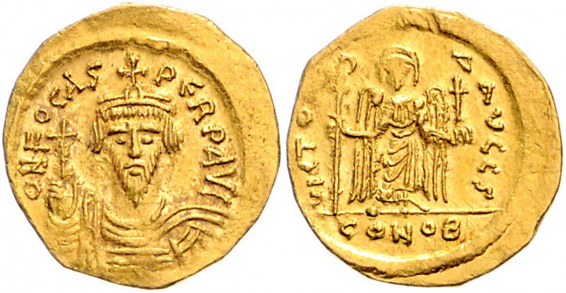 Byzanz Phocas 602-610 Solidus Konstantinopel (603-607) oN FOCAS PERP AVG Geharni...