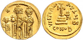 Byzanz Heraclius 610-641 Solidus Konstantinopel (632-636) Heraclius und Heraclius Constantinus je mit Kreuzkrone und Kreuzglobus und Heraclonas mit Kr...
