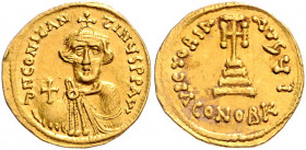 Byzanz Constans II. 641-668 Solidus Konstantinopel (641-646) dN CONSTANTINVS PP AV' Büste mit Kreuzkrone und Kreuzglobus / VICTORIA AVG4 I Kreuz auf 3...
