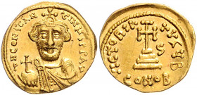 Byzanz Constans II. 641-668 Solidus Konstantinopel (641-646) dN CONSTANTIVS PP AV' Büste mit Kreuzkrone und Kreuzglobus / VICTORIA AVG4 B Kreuz auf 3 ...