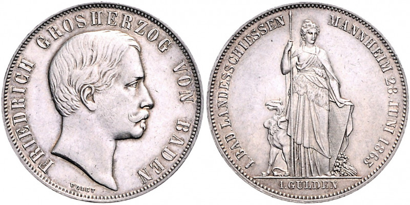 Baden Friedrich I. 1856-1907 Gedenkgulden 1863 auf das 1. Badische Landesschieße...