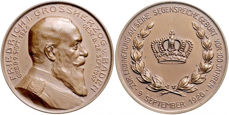 Baden Friedrich I. 1856-1907 Bronzemedaille o.J. Zur Erinnerung an seinen 100. G...