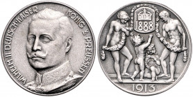 Brandenburg in den Marken - Preussen Wilhelm II. 1888-1918 Versilberte Medaille 1913 mattiert (v. Lauer) auf sein 25-jähriges Regierungsjubiläum 
33,...