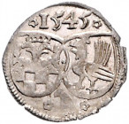 Henneberg Wilhelm V 1480-1559 Einseitiger Pfennig 1545 Zwei Wappen (Burggrafentum Würzburg und Henneberg), oben Jahreszahl, unten Falke Heus 205. Fd. ...