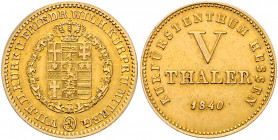 Hessen - Kassel Wilhelm II.und Mitregent Fried.Wilh. 1831-1847 5 Taler Gold 1840 Wilhelmd`or Friedb. 1295. AKS 41. Jg. 55. Schütz 2430. 
 f.vz