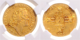 Hessen - Darmstadt Ernst Ludwig 1678-1739 Karolin 1733 zu 10 Gulden (doppelter Ernst d´or) Friedb. 1208. Schütz 2900. 4. Müller 3413. 
NGC geslabbt A...