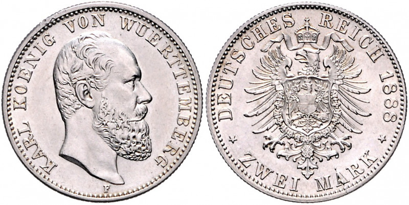 Württemberg Karl I. 1864-1891 2 Mark 1888 F J. 172. 
sehr selten in dieser Erha...