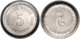 Kaiserreich Kleinmünzen 5 Pfennig 1888 Schüsselförmige Fehlprägung. Zweimal Wertseite, einmal incus J. zu 3. 
2,52g f.st