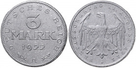 Ersatz- u.Inflationsmünzen 1919-1923 3 Mark 1922 A Materialprobe in Magnesium (!) Dicker Schrötling mit Riffelrand. Proben in Magnesium sind außerorde...