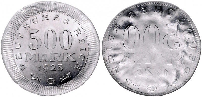 Ersatz- u.Inflationsmünzen 1919-1923 500 Mark 1923 G Fehlprägung: Zweimal Wertse...