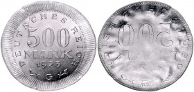 Ersatz- u.Inflationsmünzen 1919-1923 500 Mark 1923 G Fehlprägung: Zweimal Wertseite, einmal stark vergrößert incus, größerer Durchmesser und breiter R...