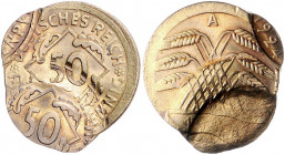Weimarer Republik 50 Rentenpfennig 1924 A Fehlprägung: dreimal beprägt, Rand glatt ohne Riffel J. zu310. 
4,85g vz