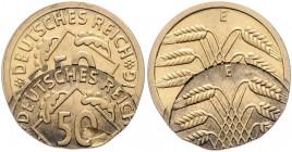 Weimarer Republik 50 Reichspfennig 1924 /25 Mzz. E seltene Fehlprägung: zweimal geprägt, unter der Doppelprägung ist eindeutig der Schriftzug 'Reichsp...