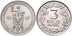 Weimarer Republik 3 Reichsmark 1925 D Zur Jahrtausendfeier der Rheinlande J. 321. 
 f.vz