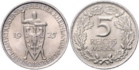 Weimarer Republik 5 Reichsmark 1925 A Zur Jahrtausendfeier der Rheinlande J. 322. 
winz.Rf. vz-