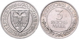 Weimarer Republik 3 Reichsmark 1926 A 700 Jahre Reichsfreiheit Lübeck J. 323. 
 ss