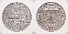 Weimarer Republik 3 Reichsmark 1927 A 100 Jahre Bremerhaven J. 325. 
geslabbt, PCGS PR64 PP