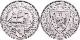 Weimarer Republik 5 Reichsmark 1927 A 100 Jahre Bremerhaven J. 326. 
 ss